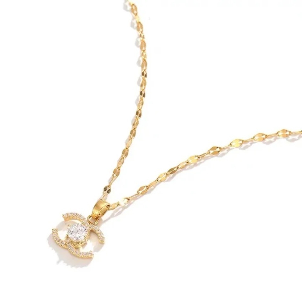 18K Gold Letter C Monogram Center Diamond Pendant Necklace Geometrical Design - Picture 6 of 9
